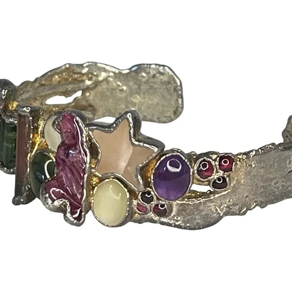Multi-Gemstone Bird and Star Cuff Bracelet by C + R - Picture 2 of 8